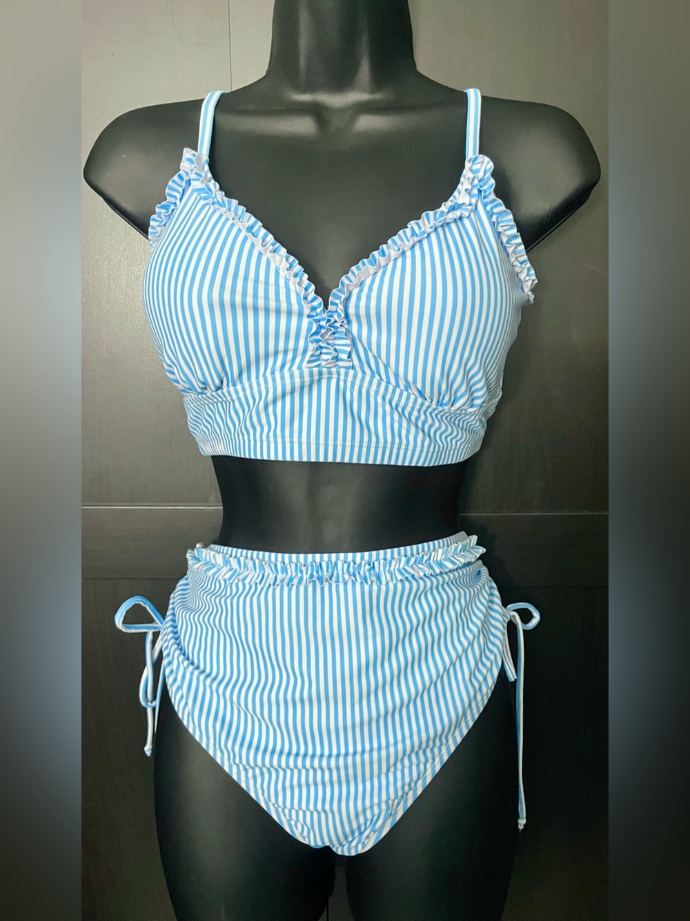 Blue & White Stripe Ruffle High-Waist Bikini Set NWOT - Large